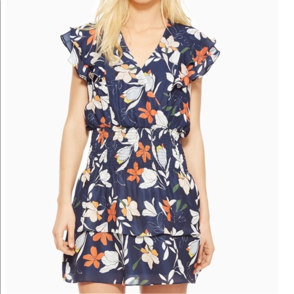 Parker Talbot Navy Orange Floral Moondance Ruffle Detail Dress